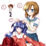  ! 1boy 2girls ? bad_anatomy blue_hair blush brown_hair detached_sleeves dressing hakama hanyuu higurashi_no_naku_koro_ni horns japanese_clothes kneeling long_hair lowres maebara_keiichi maid_headdress multiple_girls musical_note peeking_out poorly_drawn quaver red_hakama ryuuguu_rena school_uniform serafuku short_hair soumoto_mina speech_bubble spoken_exclamation_mark spoken_musical_note spoken_question_mark very_long_hair 