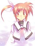  00s 1girl blush brown_eyes brown_hair capelet dress expressionless hair_ribbon looking_at_viewer lyrical_nanoha mahou_shoujo_lyrical_nanoha ribbon sakugo school_uniform short_hair side_ponytail solo takamachi_nanoha twintails uniform upper_body white_dress 