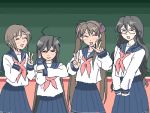  4girls ahoge bangs black_hair brown_hair chalkboard glasses hiiragi_kagami hiiragi_tsukasa izumi_konata lowres lucky_star multiple_girls oekaki realistic school_uniform serafuku siblings sisters takara_miyuki twins v 