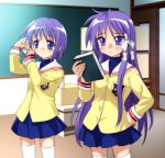  2girls book clannad company_connection cosplay crossover fujibayashi_kyou fujibayashi_kyou_(cosplay) fujibayashi_ryou fujibayashi_ryou_(cosplay) hiiragi_kagami hiiragi_tsukasa key_(company) kyoto_animation long_hair look-alike lucky_star multiple_girls mutsuki_(moonknives) purple_hair school_uniform serafuku short_hair siblings sisters thigh-highs twins 