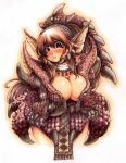  1girl blush breasts brown_hair capcom cleavage cropped_legs huge_breasts ibukichi long_hair monster_hunter open_mouth rathalos_(armor) solo white_background 