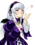  00s 1girl ;o black_wings blush breasts cleavage frilled_sleeves frills hairband heart ichikawa_masahiro juliet_sleeves lolita_hairband long_sleeves one_eye_closed parted_lips pink_eyes puffy_long_sleeves puffy_sleeves rozen_maiden silver_hair solo suigintou upper_body wings 