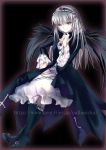  00s 1girl aisha_callaaisha black_wings cape cross-laced_clothes dress frills hairband lolita_hairband long_hair long_sleeves looking_at_viewer pale_skin pink_eyes rozen_maiden silver_hair sitting solo suigintou white_dress wings 