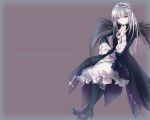  00s 1girl aisha_callaaisha black_boots boots brown_background cape cross-laced_clothes dress frills full_body hairband knee_boots lolita_hairband long_sleeves looking_at_viewer pink_eyes rozen_maiden silver_hair simple_background solo standing suigintou wallpaper white_dress 
