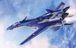  aegis_focker aircraft airplane canards clouds fighter_jet flying highres jet macross macross_vf-x2 mecha military military_vehicle no_humans realistic science_fiction sky tenjin_hidetaka vf-19 yf-19 