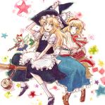  2girls alice_margatroid blonde_hair blue_eyes book braid broom broom_riding chihiro_(kemonomichi) female grimoire gun hair_ribbon hairband hand_on_headwear hat hourai hourai_doll kirisame_marisa mini-hakkero multiple_girls ribbon short_hair sidesaddle star touhou traditional_media watercolor_(medium) weapon witch witch_hat yellow_eyes 