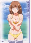 1girl bikini blue_eyes breasts brown_hair cleavage crossed_arms female highres i&quot;s outdoors short_hair sky smile solo swimsuit wading water yoshizuki_iori 