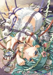  1girl barefoot blue_eyes book cat fantasy green_hair long_hair lying midriff on_side original pocket_watch ribbon skirt solo upside-down watch yuu_(yuyukaikan) 