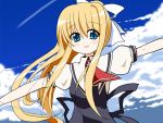  1girl :d air black_dress blonde_hair blue_eyes blue_sky blush bow clouds condensation_trail cross dress hair_bow kamio_misuzu long_hair looking_at_viewer necktie open_mouth outstretched_arms parted_lips ponytail red_necktie school_uniform sks_(artist) sky smile solo upper_body very_long_hair 