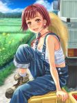  1girl armpits bare_shoulders blush boots hat open_mouth original outdoors overalls pink_eyes saimon short_hair sitting smile solo tank_top 