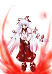  1girl bangs bow female fire fujiwara_no_mokou full_body hair_bow long_hair long_sleeves looking_at_viewer mizuno_minato ofuda pants red_eyes red_shoes shoes simple_background solo standing touhou very_long_hair white_background white_hair 