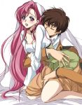  1boy 1girl blush breasts brown_hair cleavage code_geass euphemia_li_britannia green_eyes kiss kurimomo kururugi_suzaku long_hair pink_hair short_hair violet_eyes 