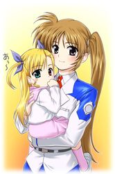  2girls asymmetrical_hair blonde_hair brown_hair g-tetsu heterochromia highres lyrical_nanoha mahou_shoujo_lyrical_nanoha mahou_shoujo_lyrical_nanoha_strikers military military_uniform multiple_girls ponytail side_ponytail takamachi_nanoha uniform violet_eyes vivio 