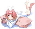  1girl alarm_clock barefoot bottomless caro_ru_lushe clock dress_shirt feet lyrical_nanoha mahou_shoujo_lyrical_nanoha mahou_shoujo_lyrical_nanoha_strikers mizoguchi_keiji naked_shirt one_eye_closed pillow shirt sleepy solo wink 