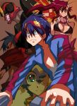  2boys 2girls bikini_top blue_hair breasts brown_eyes cleavage collarbone drill glint goggles goggles_on_head green_eyes green_skin gurren-lagann hair_ornament hair_stick ippo kamina long_hair looking_at_viewer mecha multiple_boys multiple_girls nia_teppelin ponytail scarf simon skull_hair_ornament tengen_toppa_gurren_lagann under_boob very_long_hair wide-eyed yoko_littner 