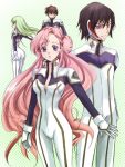  2boys 2girls ass bodysuit breasts brown_hair c.c. checkered checkered_background cleavage code_geass euphemia_li_britannia gloves green_hair kurimomo kururugi_suzaku lelouch_lamperouge long_hair looking_at_viewer multiple_boys multiple_girls pink_hair short_hair violet_eyes 