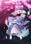  1girl blue_dress cherry_blossoms covering_mouth dress fan female floating frills hat hitodama looking_at_viewer pink_hair saigyouji_yuyuko sandals short_hair sleeves_past_wrists socks solo tokiame touhou tree triangular_headpiece veil white_legwear wide_sleeves 