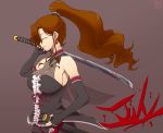  1girl bare_shoulders blood breasts brown_hair coyote_ragtime_show earrings elbow_gloves fingerless_gloves gloves hairu huge_breasts jewelry july_(coyote_ragtime_show) katana large_breasts long_hair ponytail profile solo sword weapon 