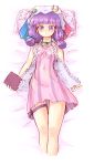  1girl bangs blunt_bangs blush book breasts capelet choker crescent dress female hat homura_subaru lying on_back patchouli_knowledge purple_hair ribbon ribbon_choker short_dress short_hair small_breasts solo thigh_ribbon touhou violet_eyes 