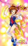  1girl actas asymmetrical_clothes asymmetrical_legwear blush brown_hair card_captor_sakura child cosplay crossover detached_sleeves green_eyes hair_ribbon kinomoto_sakura kodansha lyrical_nanoha magazine_(weapon) magical_girl mahou_shoujo_lyrical_nanoha mahou_shoujo_lyrical_nanoha_a&#039;s moetan mutsuki_(moonknives) one-piece_swimsuit one_eye_closed open_mouth parody pastel_ink pastel_ink_(cosplay) raising_heart ribbon school_swimsuit school_uniform serafuku seven_arcs single_thighhigh solo swimsuit takamachi_nanoha takamachi_nanoha_(cosplay) thigh-highs wink 