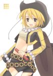  1girl belt beltskirt bike_shorts blonde_hair chuujou_kagetsu cowboy_hat crop_top grey_eyes hat jewelry midriff necklace solo sonolar summon_night summon_night_3 thigh-highs western 