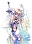  1girl blonde_hair blue_eyes breasts cleavage elbow_gloves fantasy gloves hirano_katsuyuki leg_up legs long_hair midriff original pointy_ears solo sword thigh-highs thighs veil weapon 