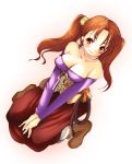  1girl breasts brown_hair cleavage detached_sleeves dragon_quest dragon_quest_viii dress jessica_albert kneeling large_breasts ninoko purple_shirt red_eyes shirt solo square_enix strapless strapless_dress twintails whip 