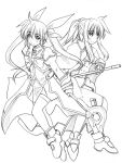  2girls bardiche cape coat fate_testarossa fingerless_gloves gauntlets gloves lyrical_nanoha magical_girl mahou_shoujo_lyrical_nanoha mahou_shoujo_lyrical_nanoha_strikers monochrome multiple_girls raising_heart takamachi_nanoha thigh-highs twintails waist_cape zero_point 