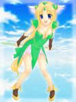  1girl :d blonde_hair breasts brooch brown_gloves cleavage collarbone dress elbow_gloves emerald fingerless_gloves full_body gem gloves green_dress jewelry long_hair looking_at_viewer low-tied_long_hair open_mouth poorly_drawn riesz saki_chisuzu seiken_densetsu seiken_densetsu_3 smile solo standing tied_hair 