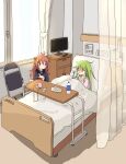  2girls absurdres ahoge bed bottle bunny_hair_ornament commentary controller crescent crescent_hair_ornament crescent_pin curtains eating food fork green_eyes green_hair hair_ornament highres hospital hospital_bed hospital_gown kantai_collection long_hair monitor multiple_girls nagatsuki_(kancolle) pink_eyes pink_hair po0000000000 red_eyes remote_control school_uniform serafuku table uzuki_(kancolle) water_bottle 