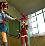  2girls arc_system_works brown_hair cosplay crossover guilty_gear i-no i-no_(cosplay) multiple_girls nagato_yuki patorishia patricia_(stylish_marunage) pointing purple_hair school_uniform serafuku short_hair suzumiya_haruhi suzumiya_haruhi_no_yuuutsu thigh-highs 