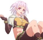  1girl :o bangs blunt_bangs blush finger_to_mouth hunter hunter_(ragnarok_online) knees_up looking_at_viewer lowres midriff mr.romance navel parted_lips pink_hair ragnarok_online red_eyes short_hair shorts simple_background sitting skin_tight solo stomach white_background 