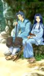  1boy 1girl air beach blue_dress blue_hair brown_eyes cliff dress expressionless full_body highres key_(company) long_sleeves looking_at_viewer mutsuki_(moonknives) nature outdoors rock ryuuya sand sandals sidelocks sitting toes tunic uraha 