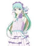  1girl blue_eyes cruccu dress green_hair ribbon smile solo twintails 