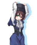  00s 1girl :d arms_up asa_(swallowtail) blush collar cowering frilled_collar frills green_eyes hat heterochromia long_sleeves looking_at_viewer open_mouth red_eyes rozen_maiden short_hair simple_background smile solo souseiseki swallowtail top_hat white_background 