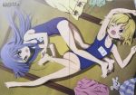  2girls absurdres barefoot blonde_hair feet foot_tickling furude_rika hands_on_feet highres higurashi_no_naku_koro_ni holding_another&#039;s_foot houjou_satoko megami multiple_girls name_tag official_art one-piece_swimsuit sakai_kyuuta scan school_swimsuit soles spread_toes swimsuit tickling toe_scrunch toes 