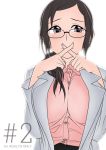  1girl breast_squeeze breasts finger_to_mouth glasses huge_breasts otakubeam solo teacher 