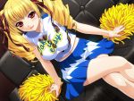  1girl blonde_hair blush breasts cheerleader clothes_writing couch game_cg hair_ribbon ino large_breasts legs_crossed long_hair midriff oshioki_sweetie pom_poms red_eyes ribbon ringlets shinmeiji_rinn sitting skirt smile solo twintails 