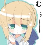  1girl :t ahoge blonde_hair blouse chibi fate/stay_night fate_(series) flat_gaze green_eyes looking_at_viewer lowres omiso omiso_(omiso) pout saber sketch solo 
