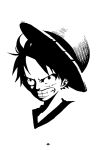  1boy clenched_teeth greyscale hat highres male_focus manly monkey_d_luffy monochrome one_piece scar solo straw_hat teeth white_background 