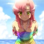  1girl arms_behind_back blush collarbone flat_chest hairu hayate_no_gotoku! katsura_hinagiku leaning_forward looking_at_viewer lowres pink_hair solo water yellow_eyes 