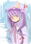  1girl bow buriki crescent female hair_bow hat long_hair patchouli_knowledge purple_hair solo touhou violet_eyes 