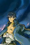  1boy bandage blue_hair cape core_drill crossed_arms drill garlock_simon gradient gradient_background male_focus older outdoors simon sky solo space tengen_toppa_gurren_lagann 