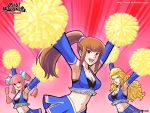  3girls amemiya_sayaka anna_lindhurst armpits blonde_hair bra breasts brown_hair cheerleader cleavage elbow_gloves foreshortening gloves hair_ribbon highres kanda_aoi lingerie long_hair midriff multiple_girls official_art osu!_tatakae!_ouendan osu!_tatakae!_ouendan_2 ouendan ouendan_2 pink_hair pom_poms ponytail ribbon skirt smile twintails underwear wallpaper 