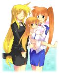  3girls barefoot blonde_hair blue_eyes blush brown_hair closed_eyes fate_testarossa green_eyes heterochromia long_hair low-tied_long_hair lyrical_nanoha mahou_shoujo_lyrical_nanoha mahou_shoujo_lyrical_nanoha_strikers military military_uniform multiple_girls no_legwear pencil_skirt ponytail rabbit red_eyes redhead sakugo side_ponytail skirt stuffed_animal stuffed_bunny stuffed_toy takamachi_nanoha tied_hair uniform very_long_hair violet_eyes vivio 