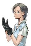  1girl androgynous black_hair blue_eyes gloves looking_at_viewer lowres original shirt short_hair short_sleeves simple_background solo sweater_vest tamaki_g tamaki_g_(artist) white_background white_shirt 