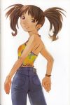  absurdres denim earrings halter_top halterneck hands highres jeans jewelry looking_back ogata_kouji original pants smile twintails watch watch 