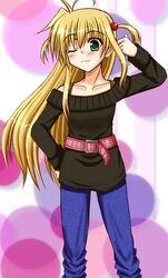  arisa_bannings belt blonde_hair casual green_eyes long_hair lyrical_nanoha mahou_shoujo_lyrical_nanoha mahou_shoujo_lyrical_nanoha_a&#039;s pants 