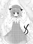  1girl animal_ears bare_shoulders cat_ears cat_tail catbell chen dithering dress earrings female hat jewelry looking_at_viewer monochrome multiple_tails ribbon short_hair smile solo sundress tail touhou 
