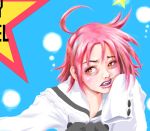  1girl ahoge angry bloodshot_eyes kogami_akira long_sleeves lucky_star oversized_clothes pink_hair realistic solo superflat surfroach what yellow_eyes 